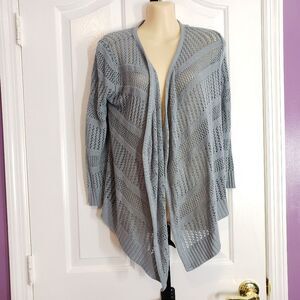 t/o Shrug Crochet Knit Sweater Top Medium Blue Gray Open Front Acrylic
